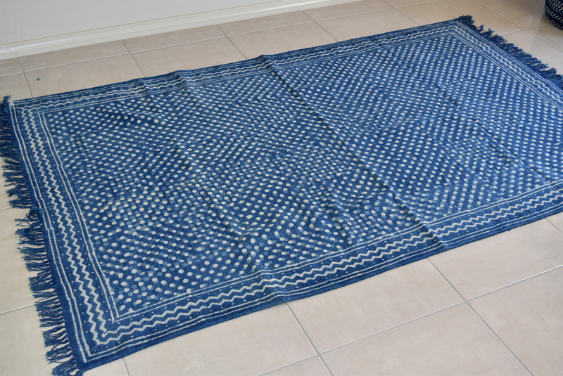 Handmade Geometrical Block Print Polka Dot Indigo Cotton Dhurrie Carpet - Adore India   