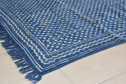 Handmade Geometrical Block Print Polka Dot Indigo Cotton Dhurrie Carpet - Adore India   