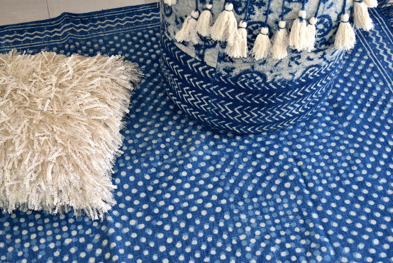 Handmade Geometrical Block Print Polka Dot Indigo Cotton Dhurrie Carpet - Adore India   