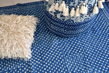 Handmade Geometrical Block Print Polka Dot Indigo Cotton Dhurrie Carpet - Adore India   