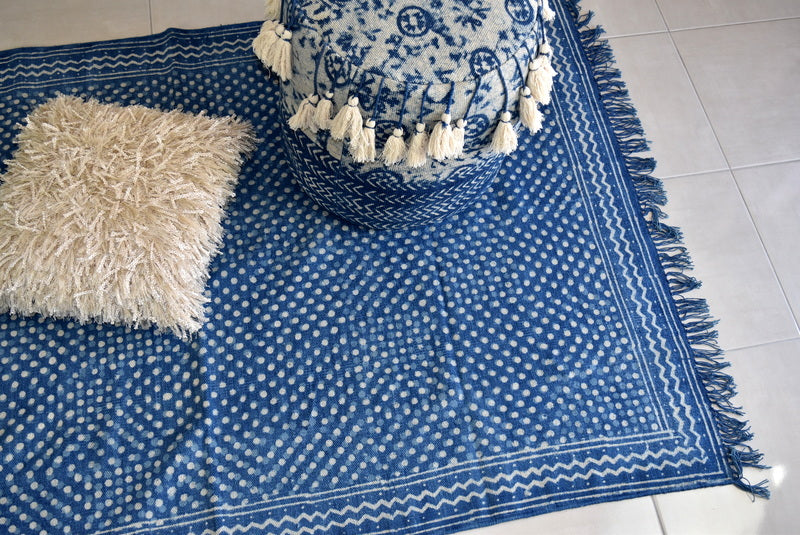 Handmade Geometrical Block Print Polka Dot Indigo Cotton Dhurrie Carpet - Adore India   