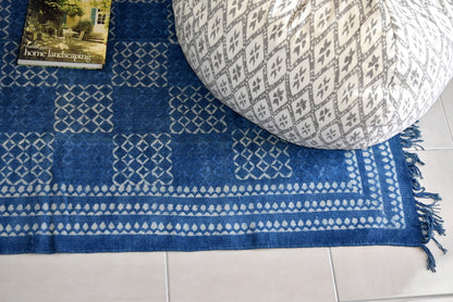 Handmade Geometrical Block Print Net Indigo Cotton Dhurrie Carpet - Adore India   