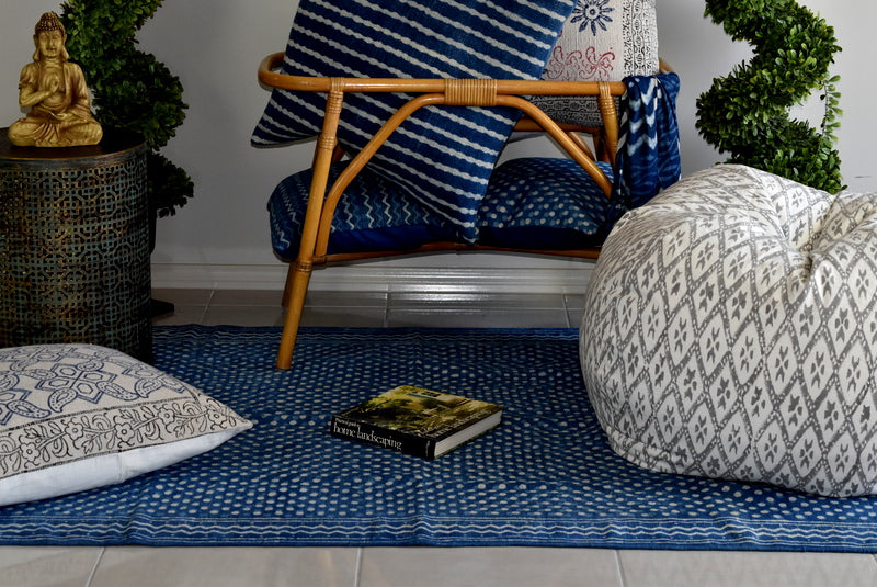 Handmade Geometrical Block Print Polka Dot Indigo Cotton Dhurrie Carpet - Adore India   