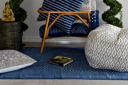 Handmade Geometrical Block Print Polka Dot Indigo Cotton Dhurrie Carpet - Adore India   