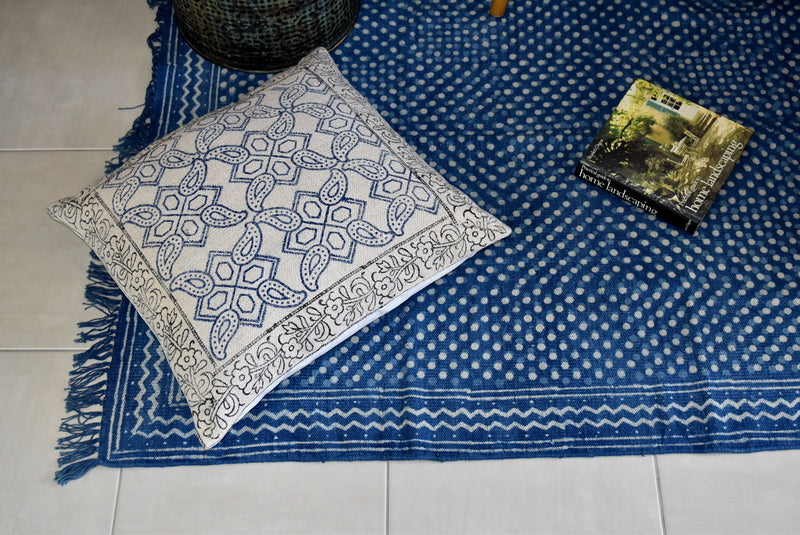 Handmade Geometrical Block Print Polka Dot Indigo Cotton Dhurrie Carpet - Adore India   