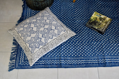 Handmade Geometrical Block Print Polka Dot Indigo Cotton Dhurrie Carpet - Adore India   