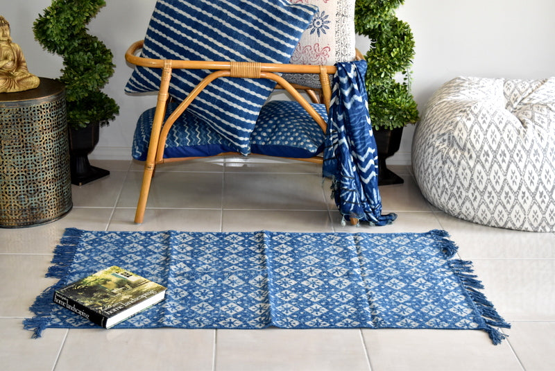 Handmade Geometrical Indigo Block Print Cotton Dhurrie Carpet Runner - Adore India   