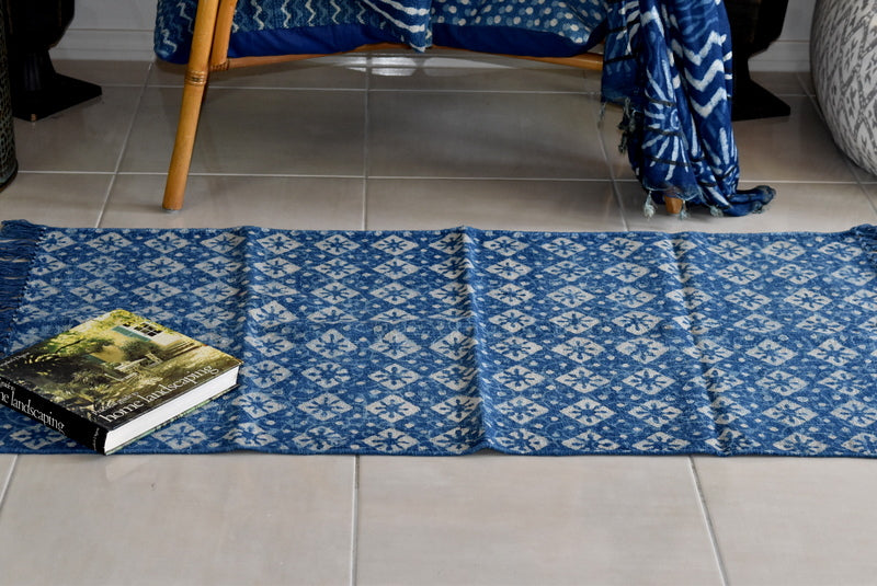Handmade Geometrical Indigo Block Print Cotton Dhurrie Carpet Runner - Adore India   