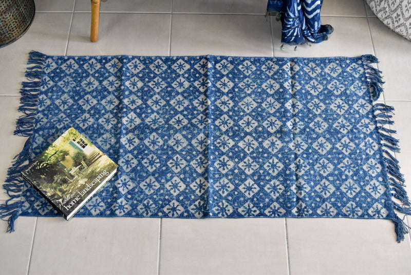 Handmade Geometrical Indigo Block Print Cotton Dhurrie Carpet Runner - Adore India   