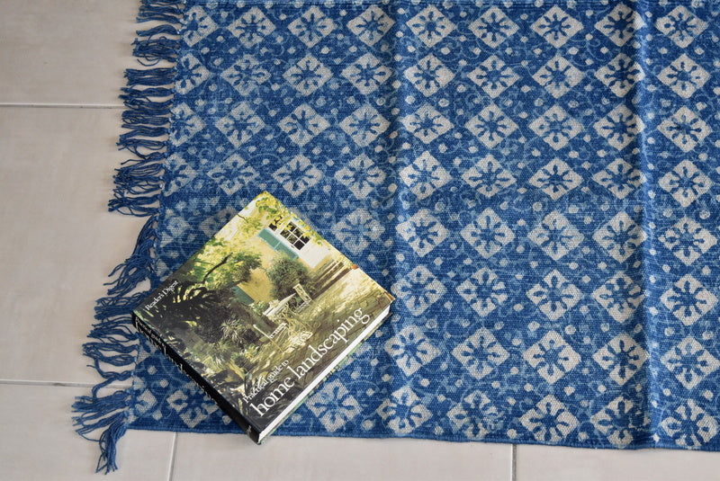 Handmade Geometrical Indigo Block Print Cotton Dhurrie Carpet Runner - Adore India   