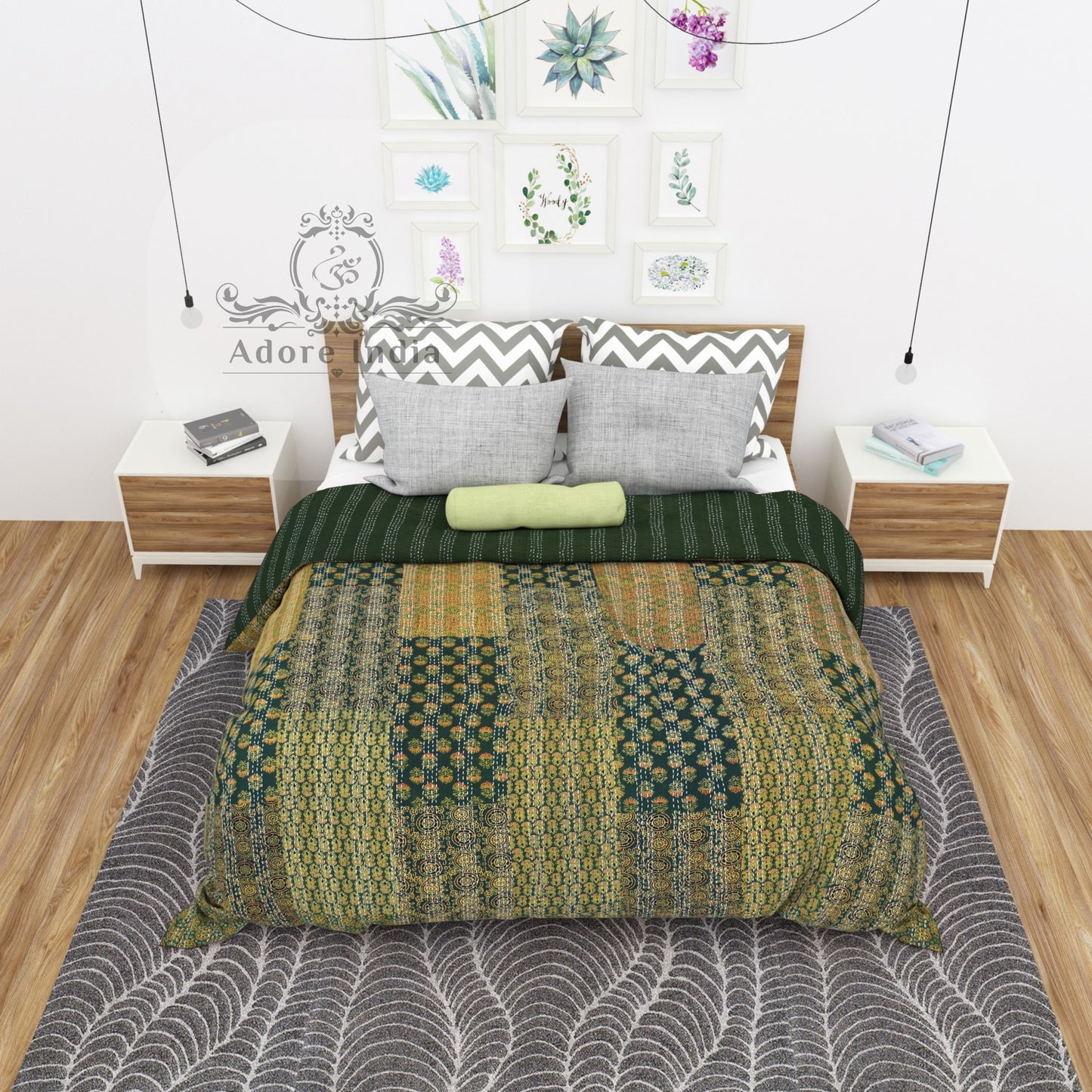 Handmade Olive Block Print Patchwork Cotton Reversible Kantha Quilt Bedspread - Adore India   