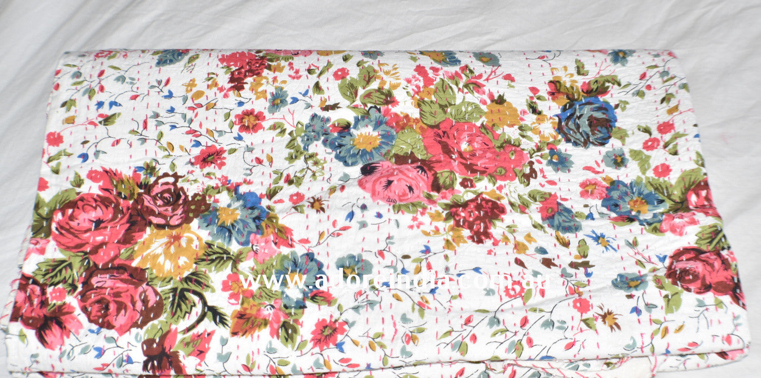 Vintage White Flower Kantha Quilt - Adore India   