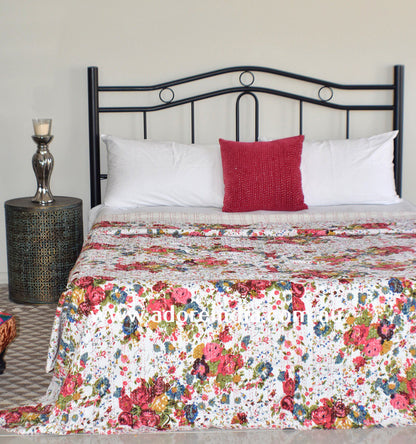 Vintage White Flower Kantha Quilt - Adore India   