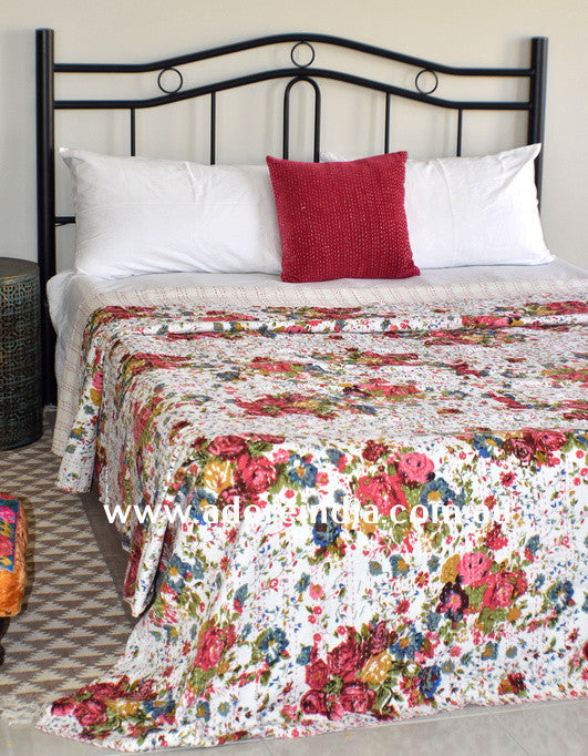 Vintage White Flower Kantha Quilt - Adore India   