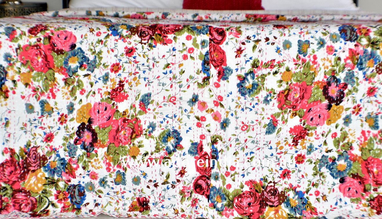 Vintage White Flower Kantha Quilt - Adore India   