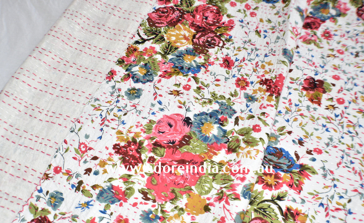 Vintage White Flower Kantha Quilt - Adore India   