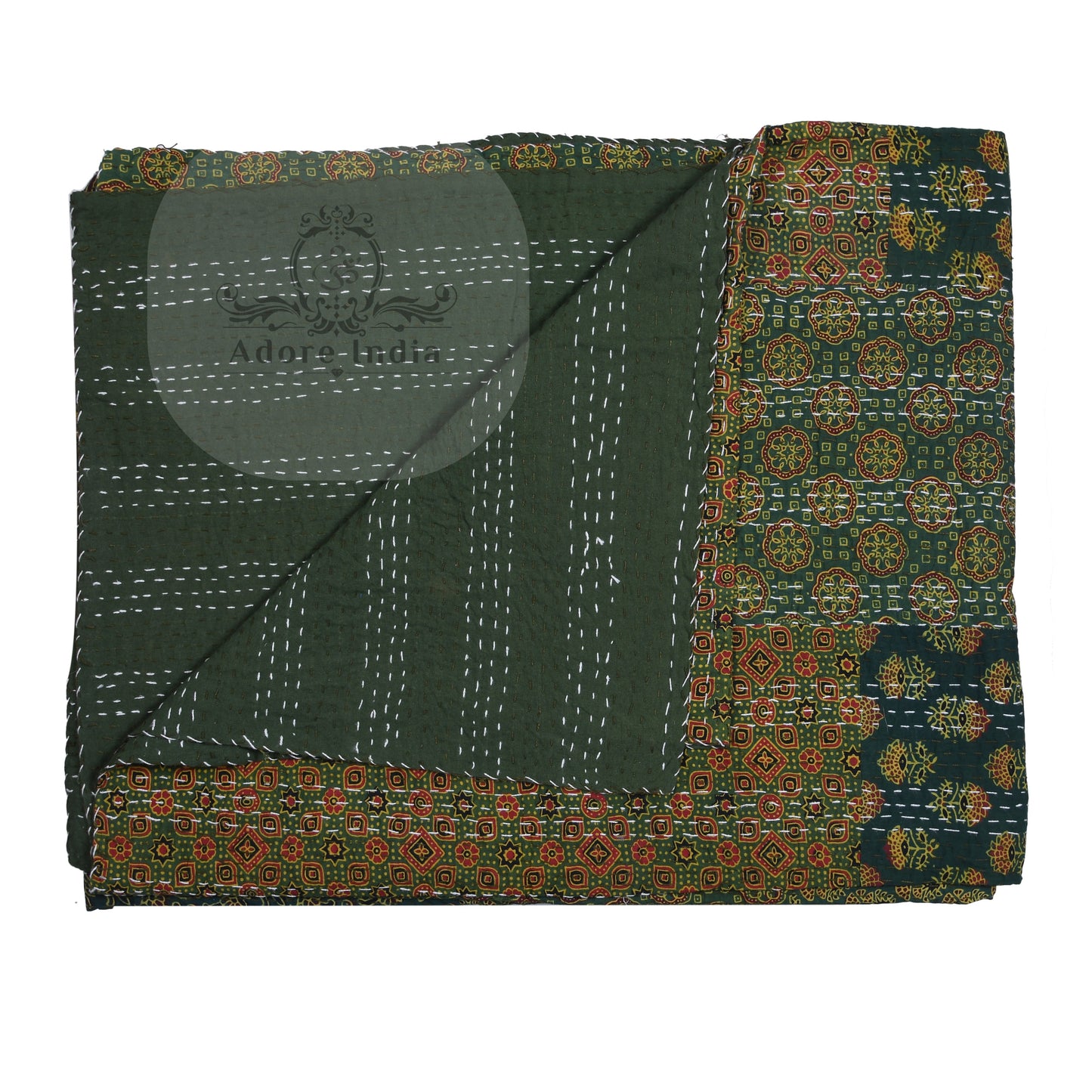 Handmade Olive Block Print Patchwork Cotton Reversible Kantha Quilt Bedspread - Adore India   