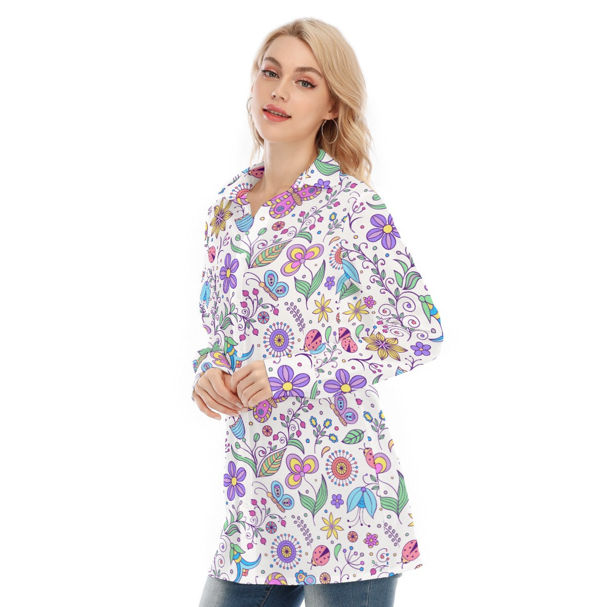 Bohemian Purple Butterfly Print Women's Long Sleeve Shirt  - Adore India   