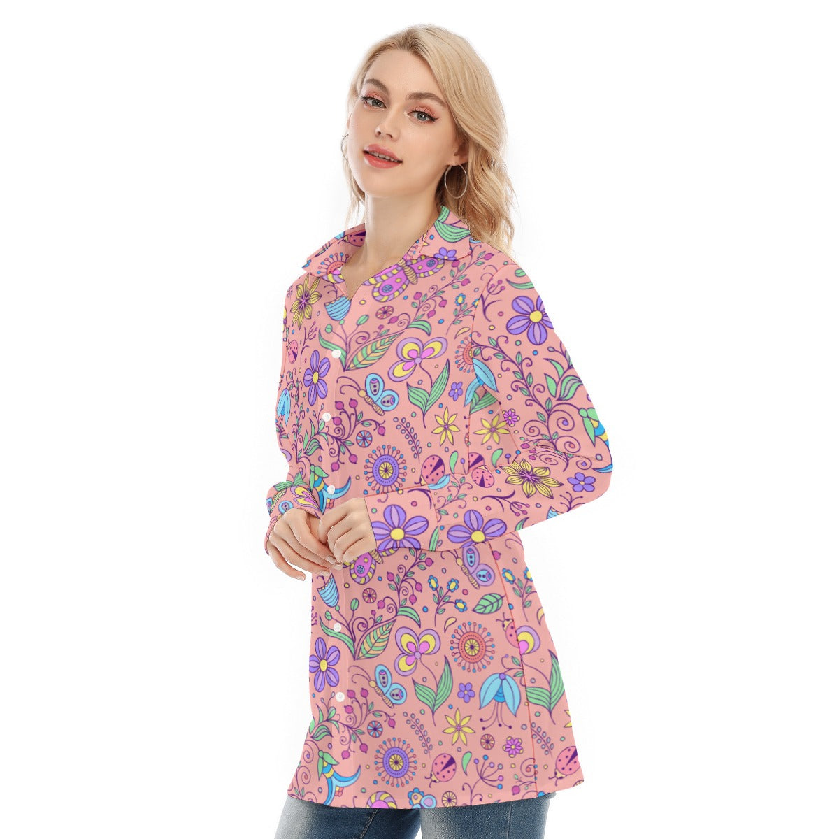 Bohemian Pink Butterfly Printed Women's Long Sleeve Shirt  - Adore India   