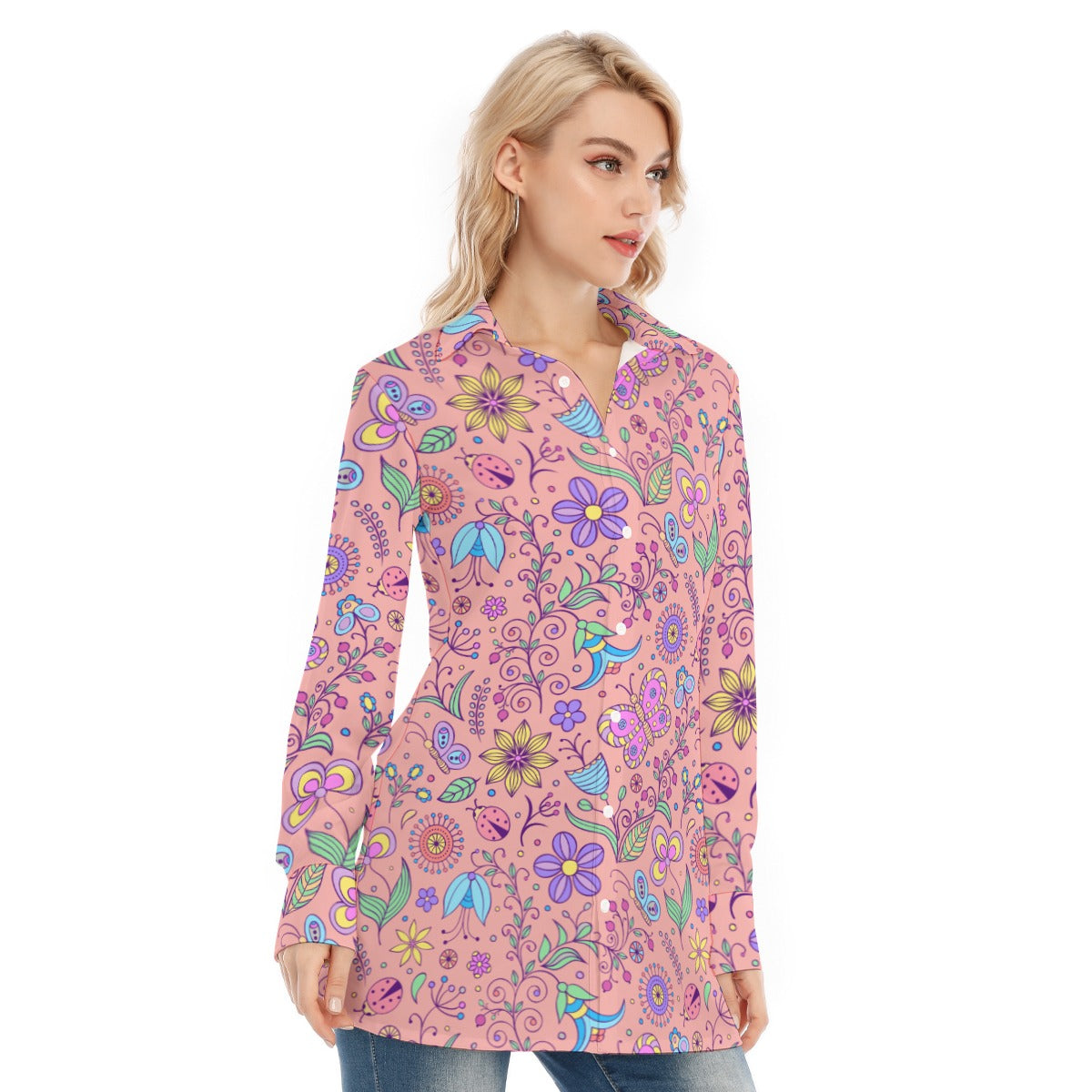 Bohemian Pink Butterfly Printed Women's Long Sleeve Shirt  - Adore India   