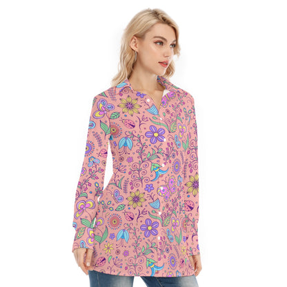 Bohemian Pink Butterfly Printed Women's Long Sleeve Shirt  - Adore India   