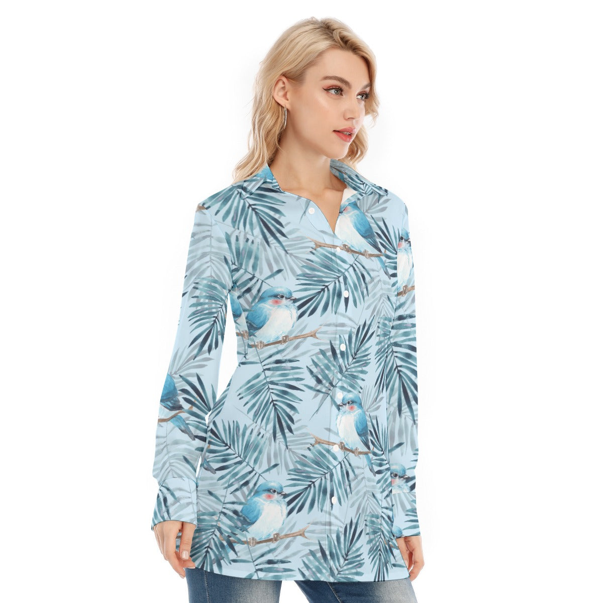Bohemian Blue Bird of Prey Floral Women's Long Sleeve Shirt  - Adore India   