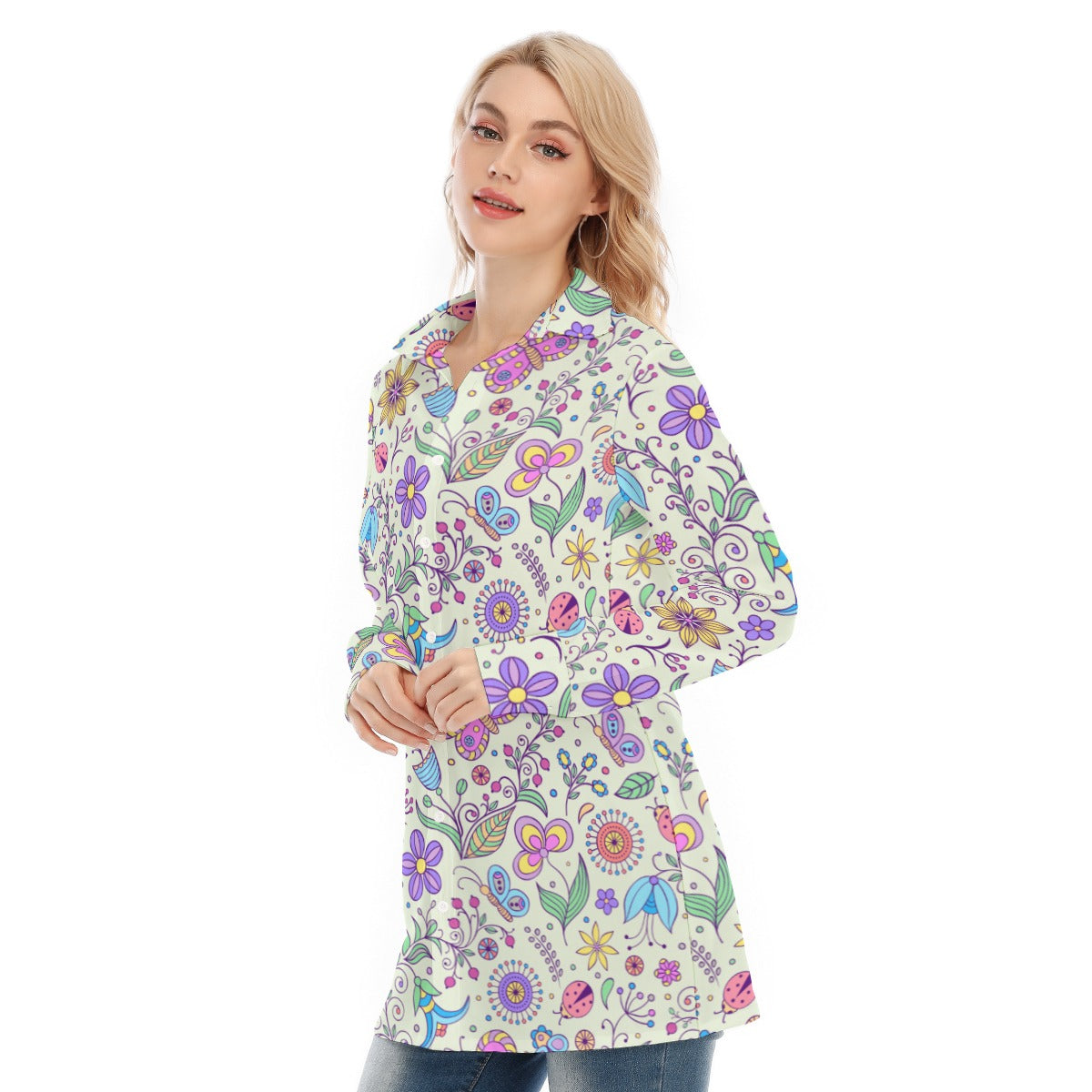 Bohemian Pastel Green Butterfly Printed Women's Long Sleeve Shirt  - Adore India   