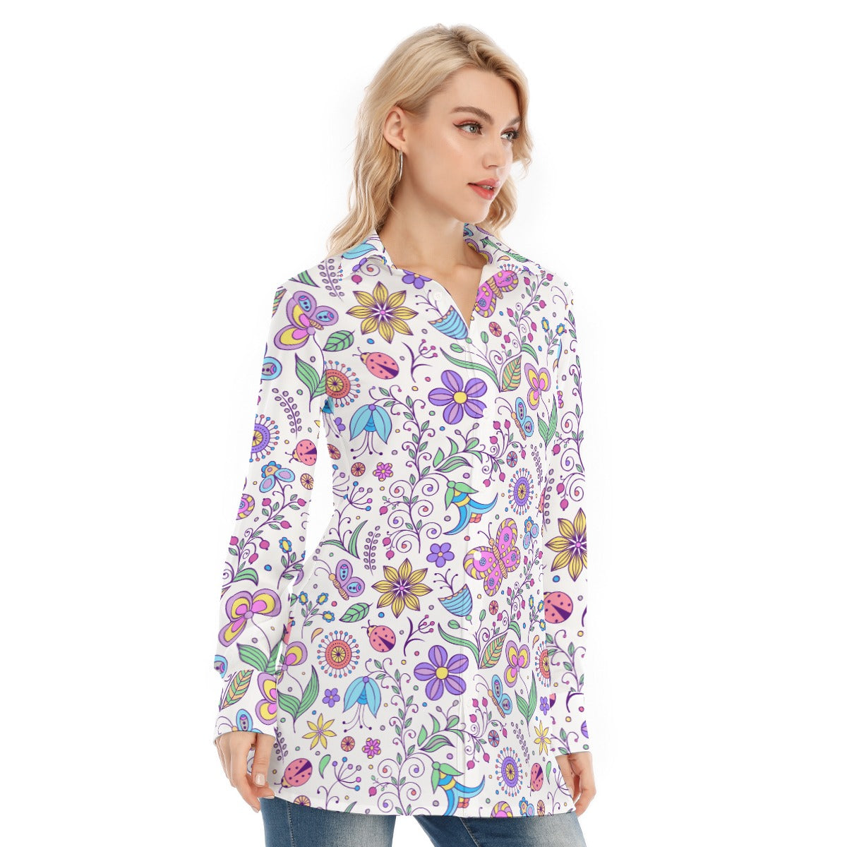 Bohemian Purple Butterfly Print Women's Long Sleeve Shirt  - Adore India   