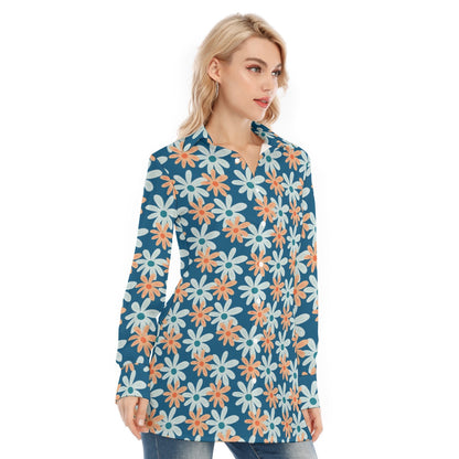 Bohemian Blue Floral Women's Long Sleeve Shirt  - Adore India   