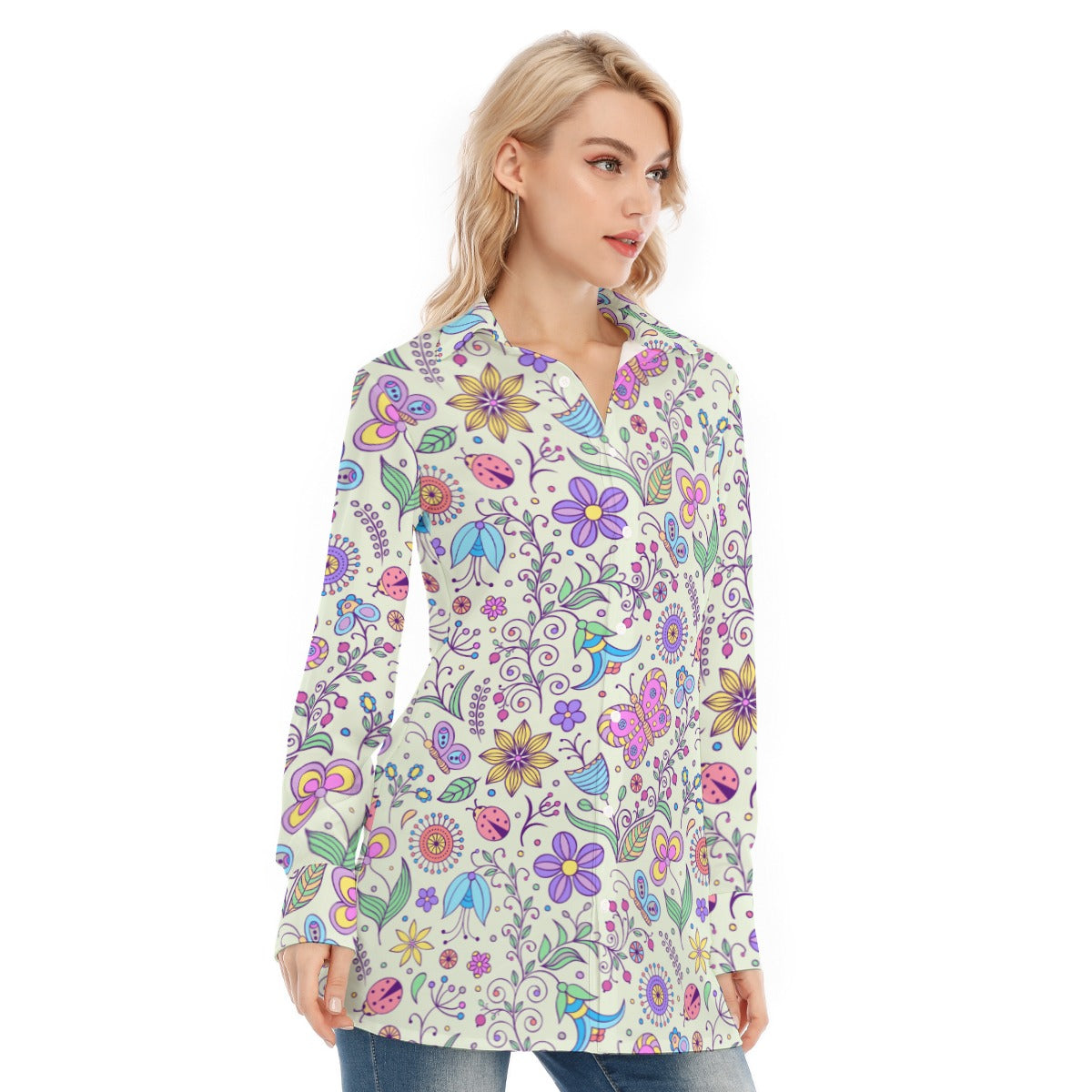Bohemian Pastel Green Butterfly Printed Women's Long Sleeve Shirt  - Adore India   