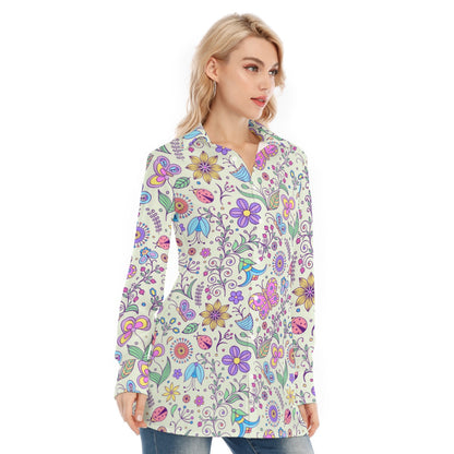 Bohemian Pastel Green Butterfly Printed Women's Long Sleeve Shirt  - Adore India   