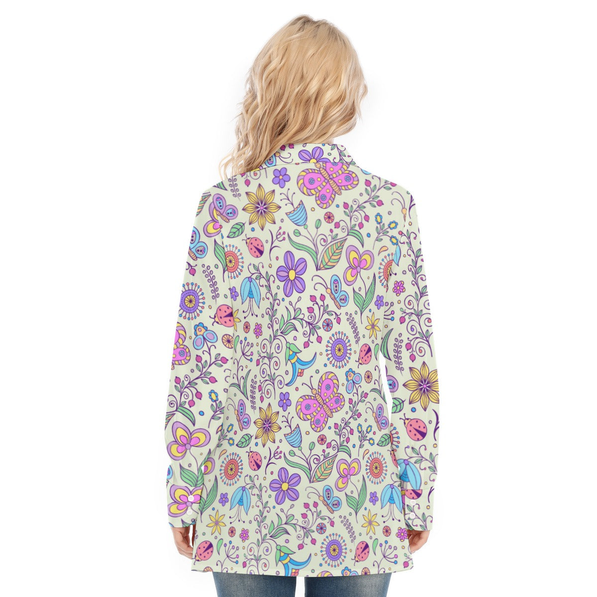 Bohemian Pastel Green Butterfly Printed Women's Long Sleeve Shirt  - Adore India   