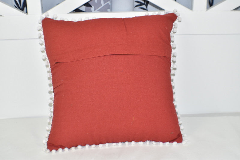 Silk Vintage Kantha Patchwork Pompom Cushion Cover 1 - Adore India   