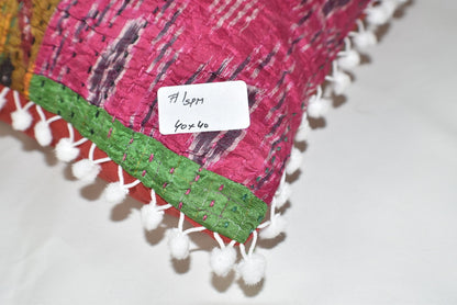 Silk Vintage Kantha Patchwork Pompom Cushion Cover 1 - Adore India   