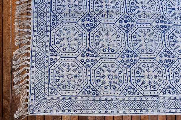 Handmade Beautiful Blue Block Print Cotton Dari Carpet Spirit - Adore India   