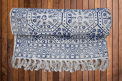Handmade Beautiful Blue Block Print Cotton Dari Carpet Spirit - Adore India   