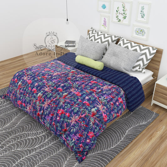 Handmade Blue Bird of Prey Cotton Reversible  Kantha Quilt Bedspread Throw - Adore India   