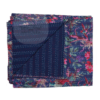 Handmade Blue Bird of Prey Cotton Reversible  Kantha Quilt Bedspread Throw - Adore India   