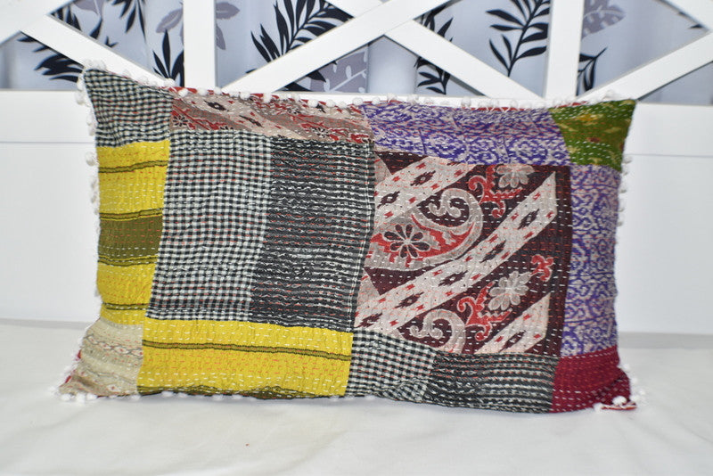 Silk Vintage Kantha Pompom Pillow Cover 3 - Adore India   