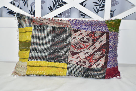 Silk Vintage Kantha Pompom Pillow Cover 3 - Adore India   