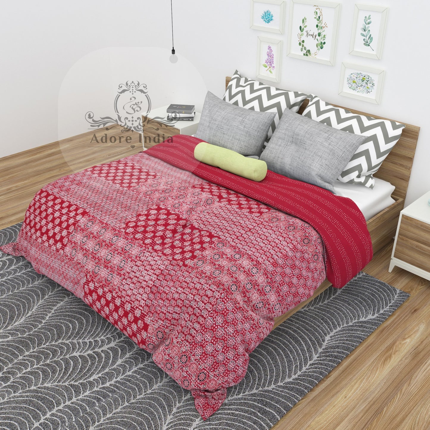 Red Block Print Patchwork Cotton Kantha Quilt Bedspread - Adore India   