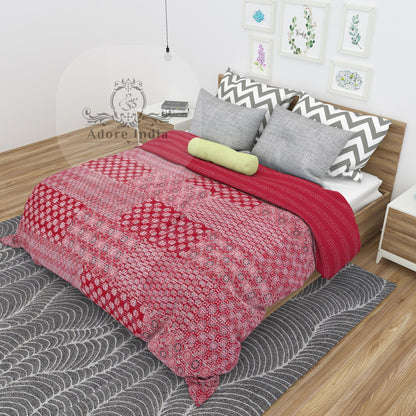 Red Block Print Patchwork Cotton Kantha Quilt Bedspread - Adore India   