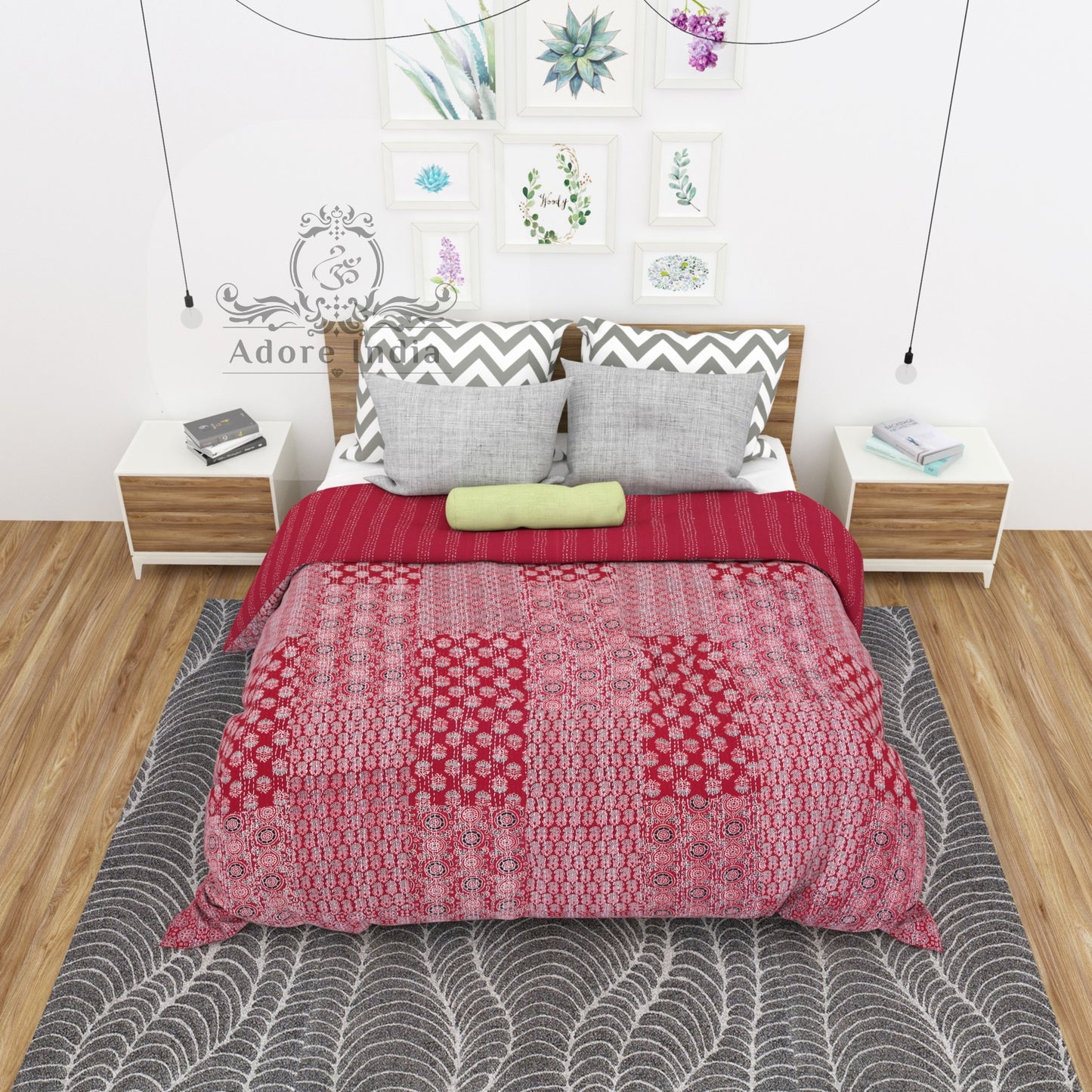 Red Block Print Patchwork Cotton Kantha Quilt Bedspread - Adore India   