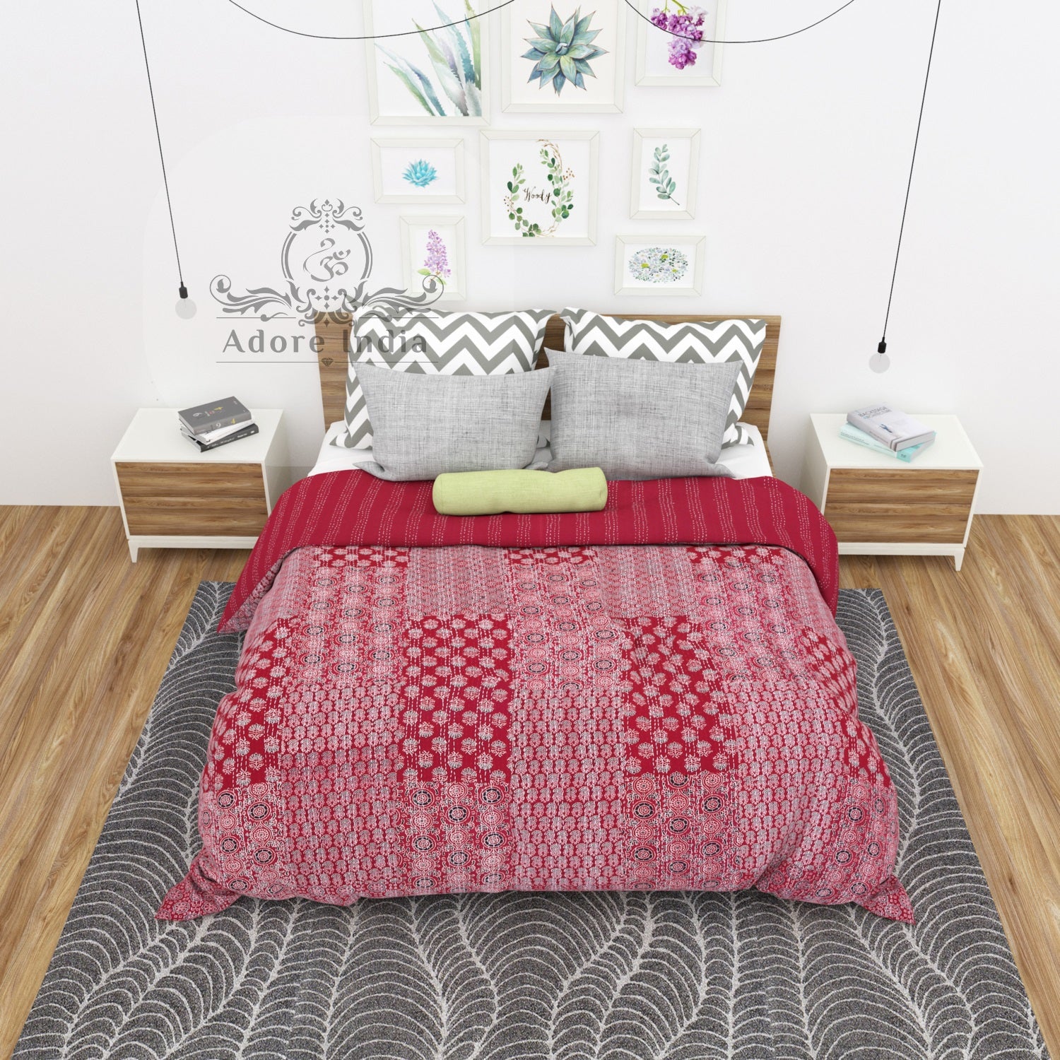 Red Block Print Patchwork Cotton Kantha Quilt Bedspread - Adore India   