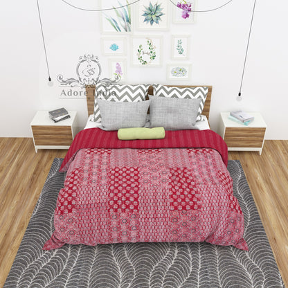 Red Block Print Patchwork Cotton Kantha Quilt Bedspread - Adore India   
