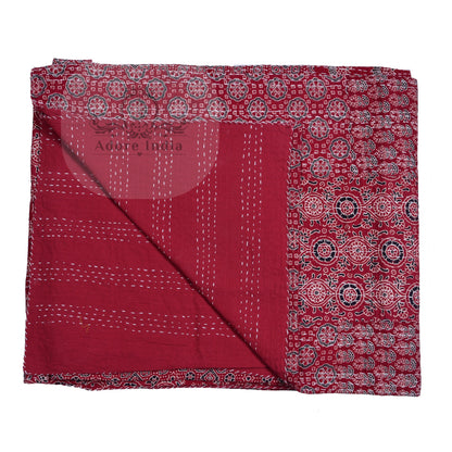 Red Block Print Patchwork Cotton Kantha Quilt Bedspread - Adore India   