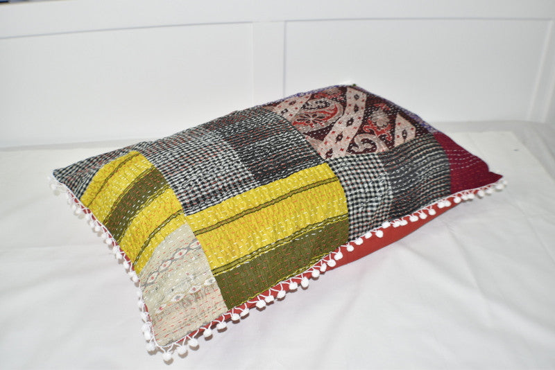 Silk Vintage Kantha Pompom Pillow Cover 3 - Adore India   