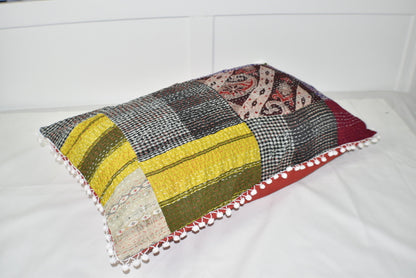 Silk Vintage Kantha Pompom Pillow Cover 3 - Adore India   