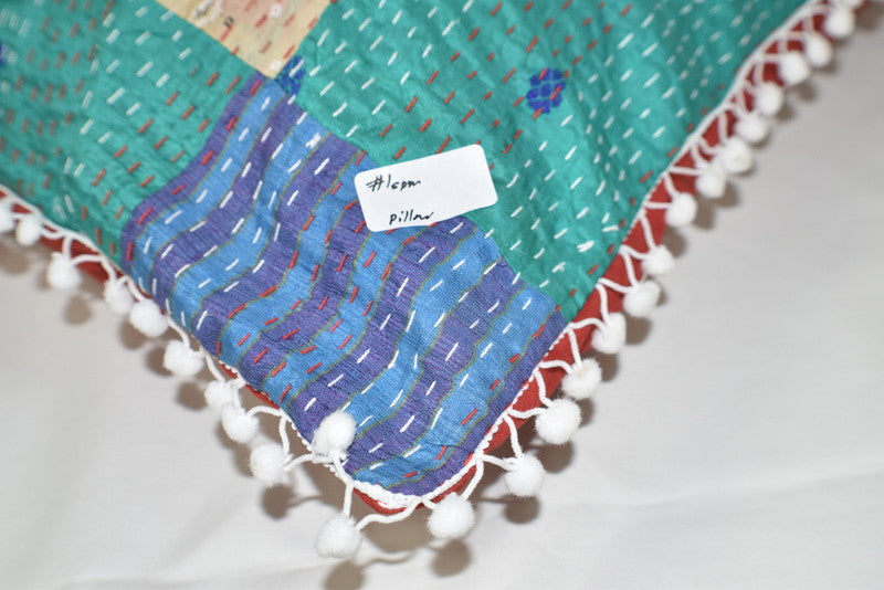 Silk Vintage Kantha Pompom Pillow Cover 3 - Adore India   