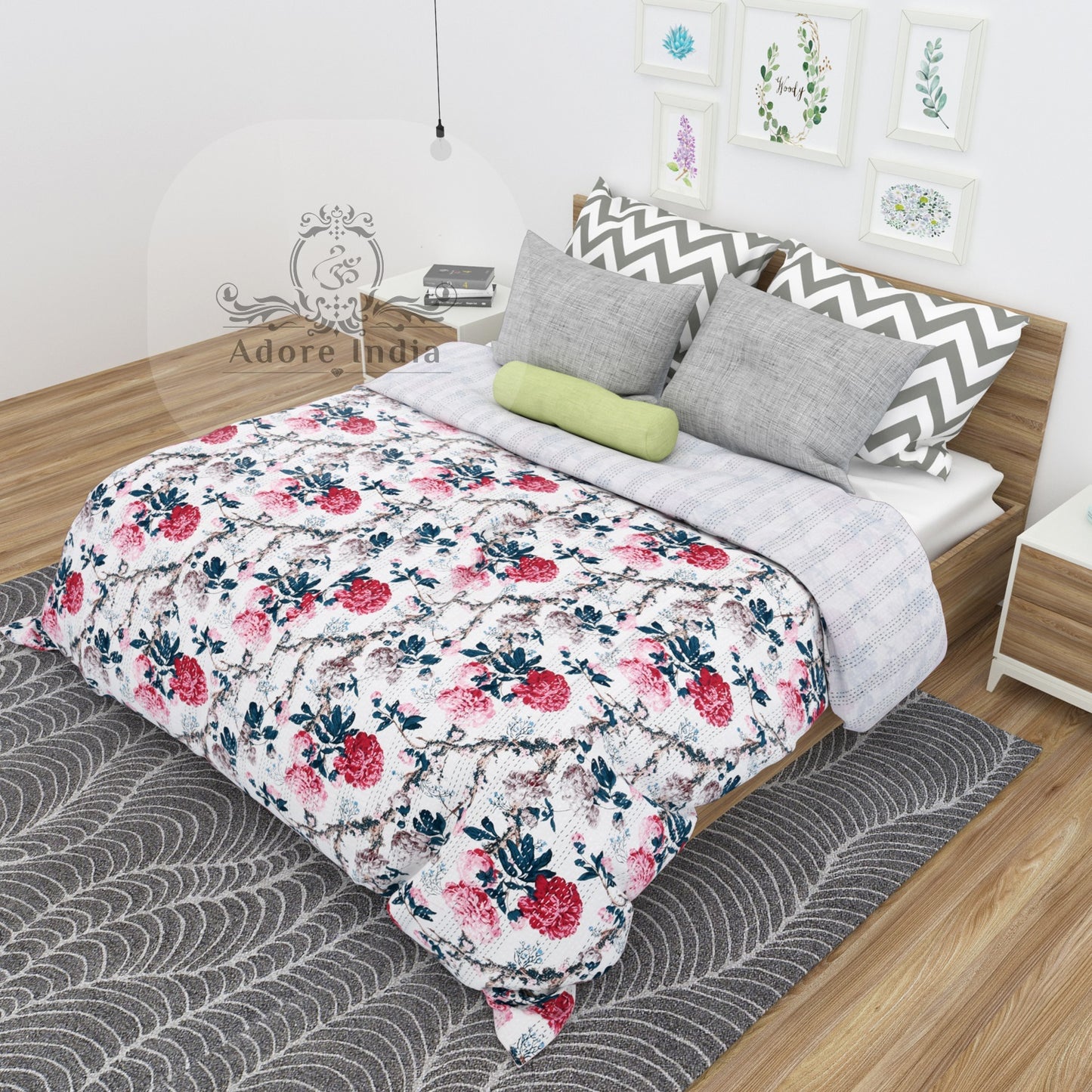 Handmade Magical Flower Printed Cotton Reversible Kantha Quilt Bedspread Throw - Adore India   